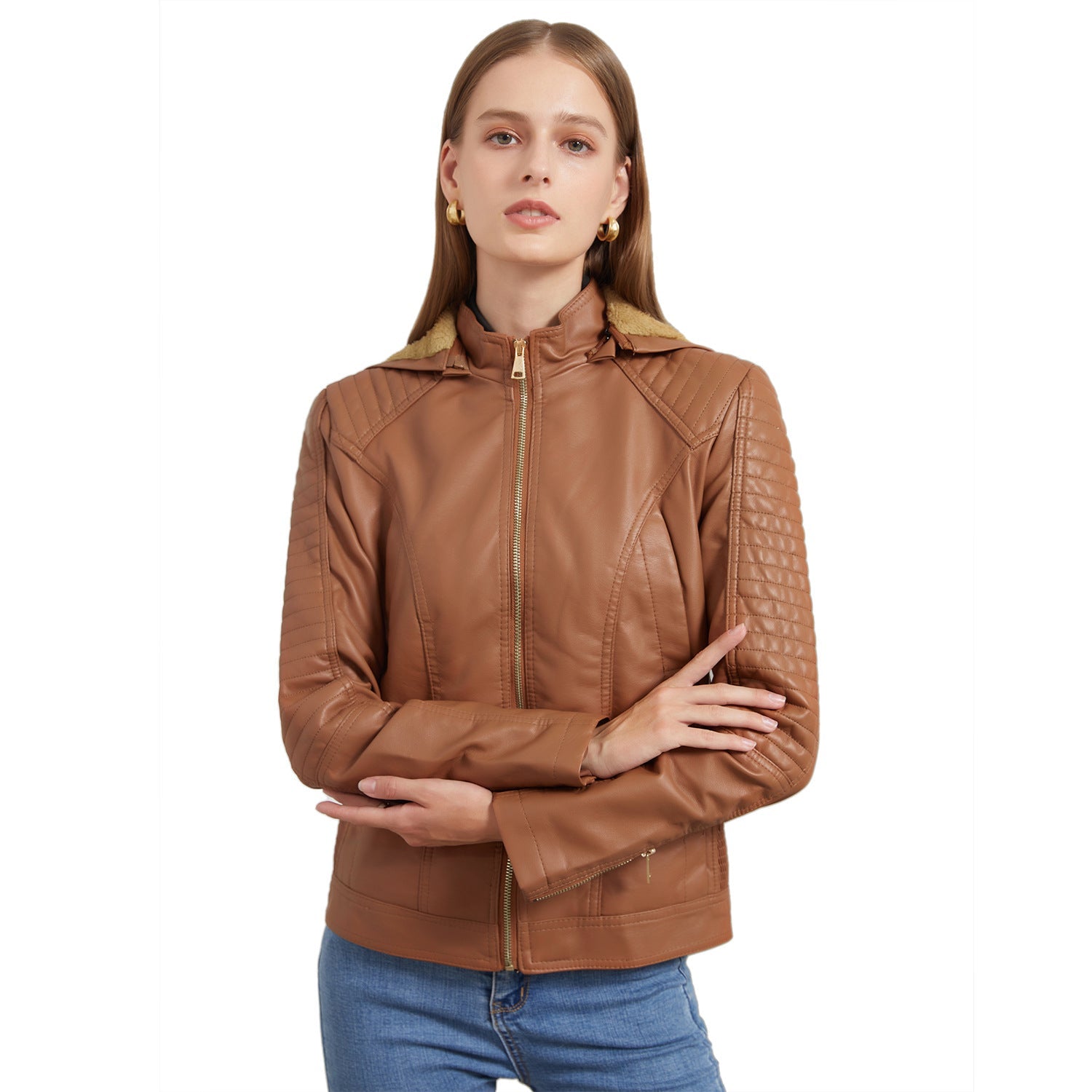 Faux Leather Jacket, Removable Hood for women, view 7