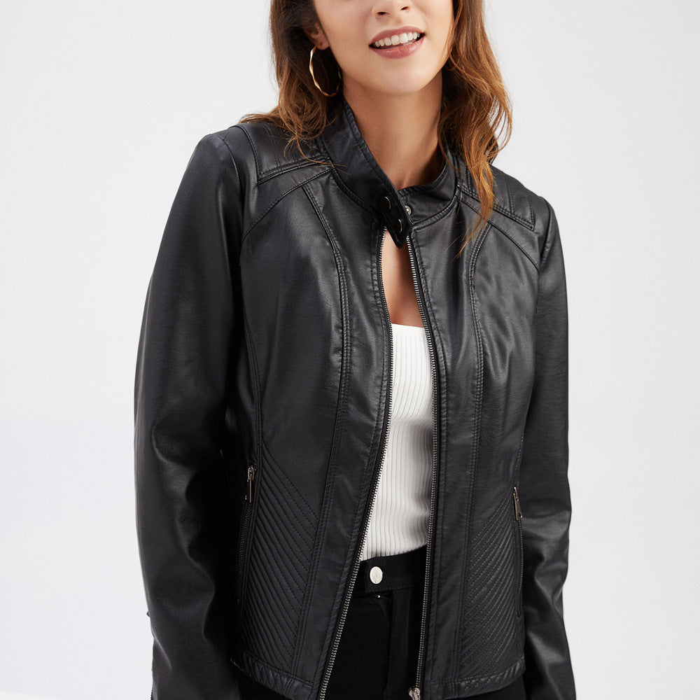 Slim Fit Vegan Leather Racer Jacket for women, view 4