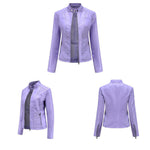 Slim Fit Vegan Leather Racer Jacket for women, view 18