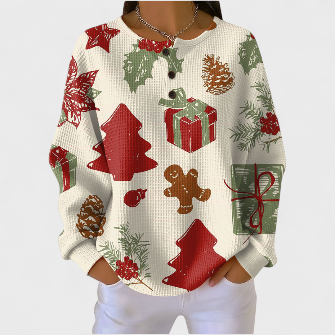 Women's ivory festive motif waffle jumper with Christmas trees gifts holly and gingerbread