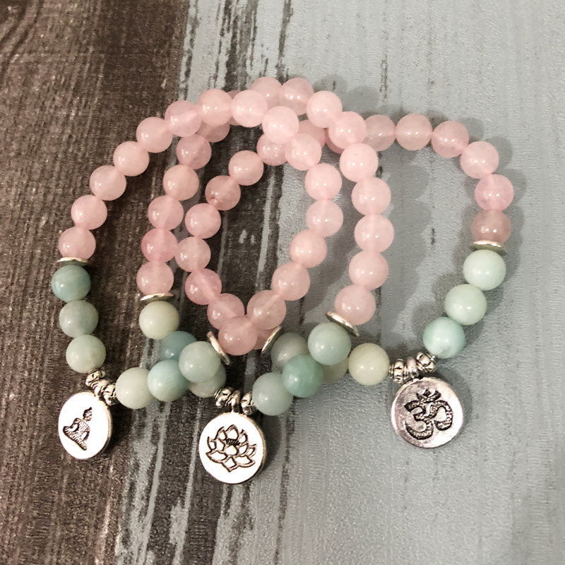 Rose Quartz & Amazonite Beaded Mala Bracelet