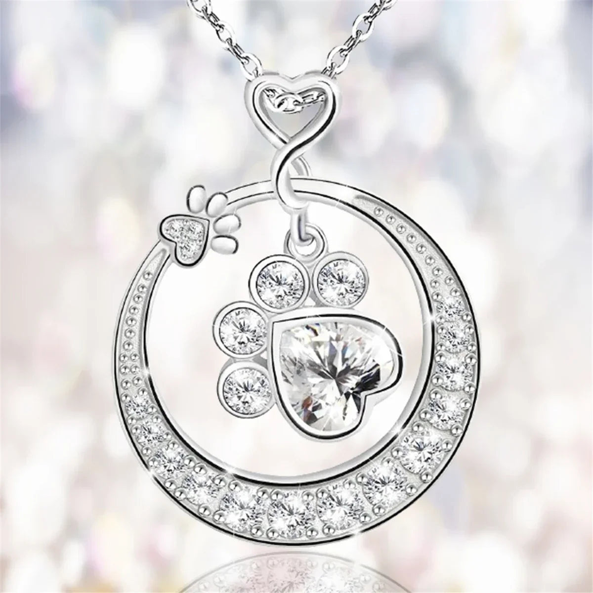 925 Sterling Silver Paw Print Necklace with Cubic Zirconia