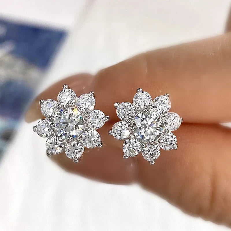 Moissanite Flower Stud Earrings Sterling Silver