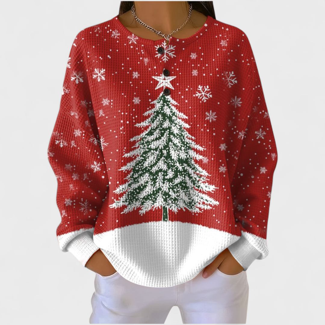 Women's red Christmas tree waffle jumper with snowy tree and white snowflakes
