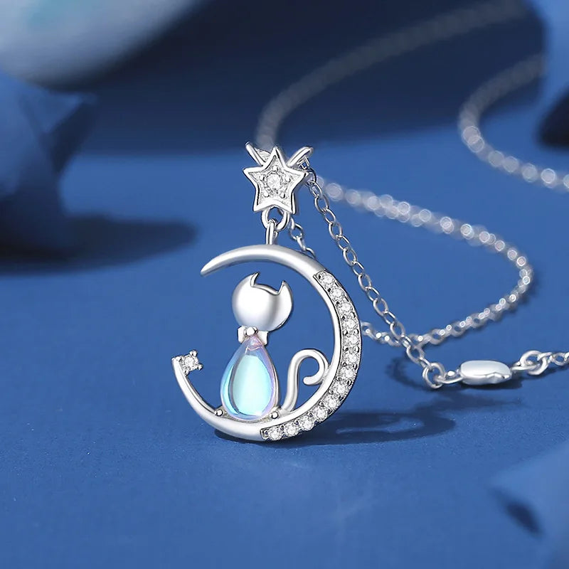 Sterling Silver Cat & Moon Necklace
