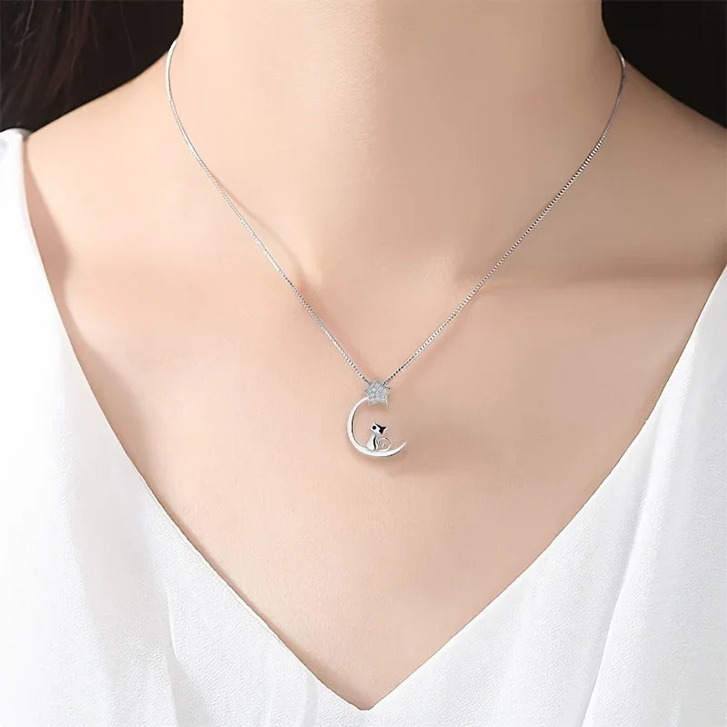 Sterling Silver Cat, Moon & Star Pendant