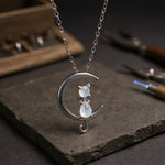 Moonstone Crescent Moon & Cat Necklace