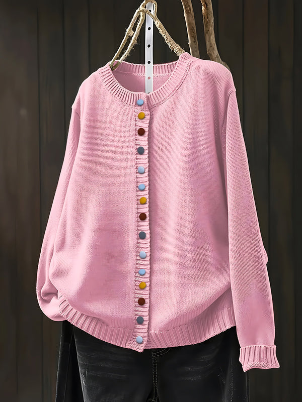 Contrast Button Crew Neck Knit Cardigan for women