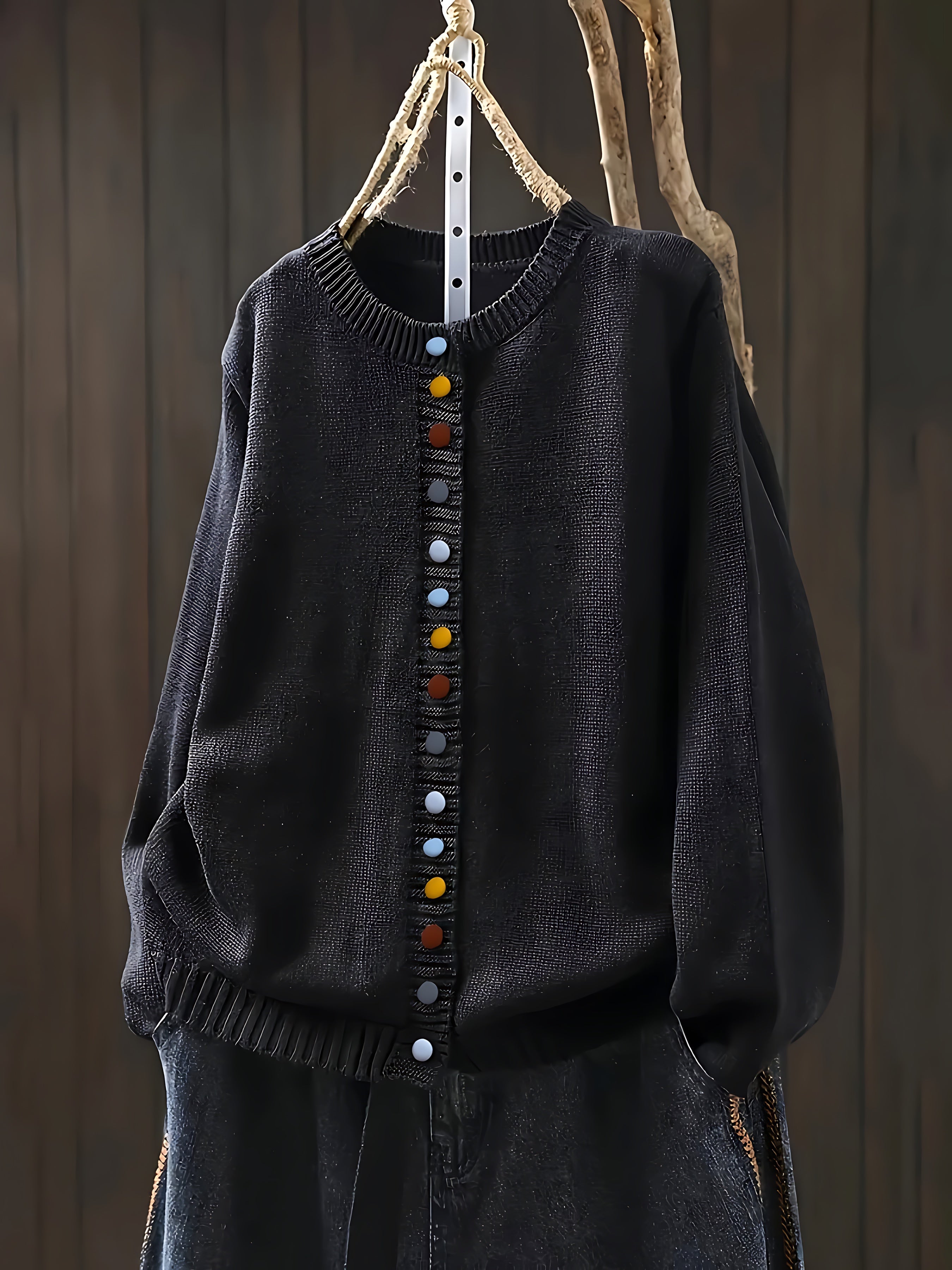 Contrast Button Crew Neck Knit Cardigan for women, view 3