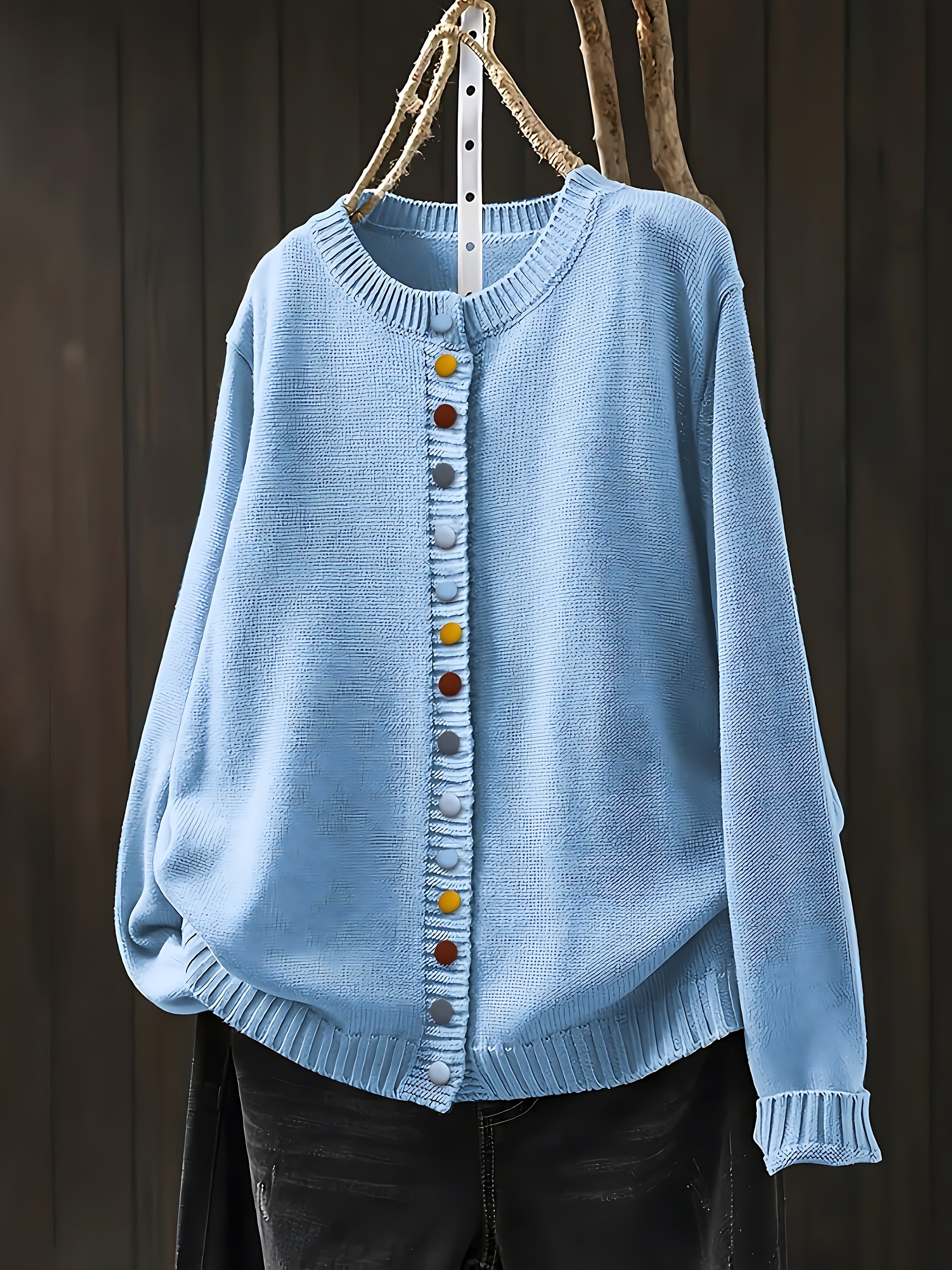 Contrast Button Crew Neck Knit Cardigan for women, view 5