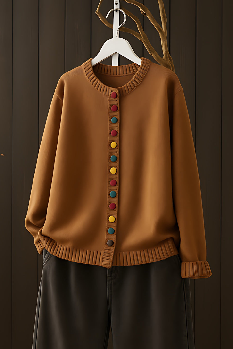 Contrast Button Crew Neck Knit Cardigan for women, view 12