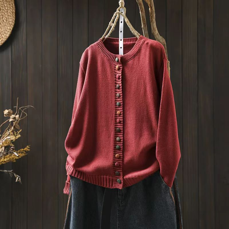 Contrast Button Crew Neck Knit Cardigan for women, view 18