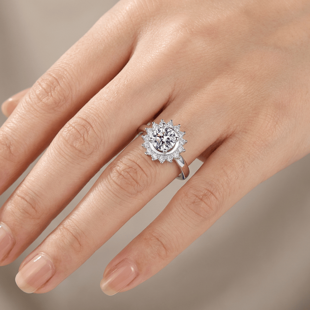 Silver Round Diamond Sunburst Ring — (Adjustable)