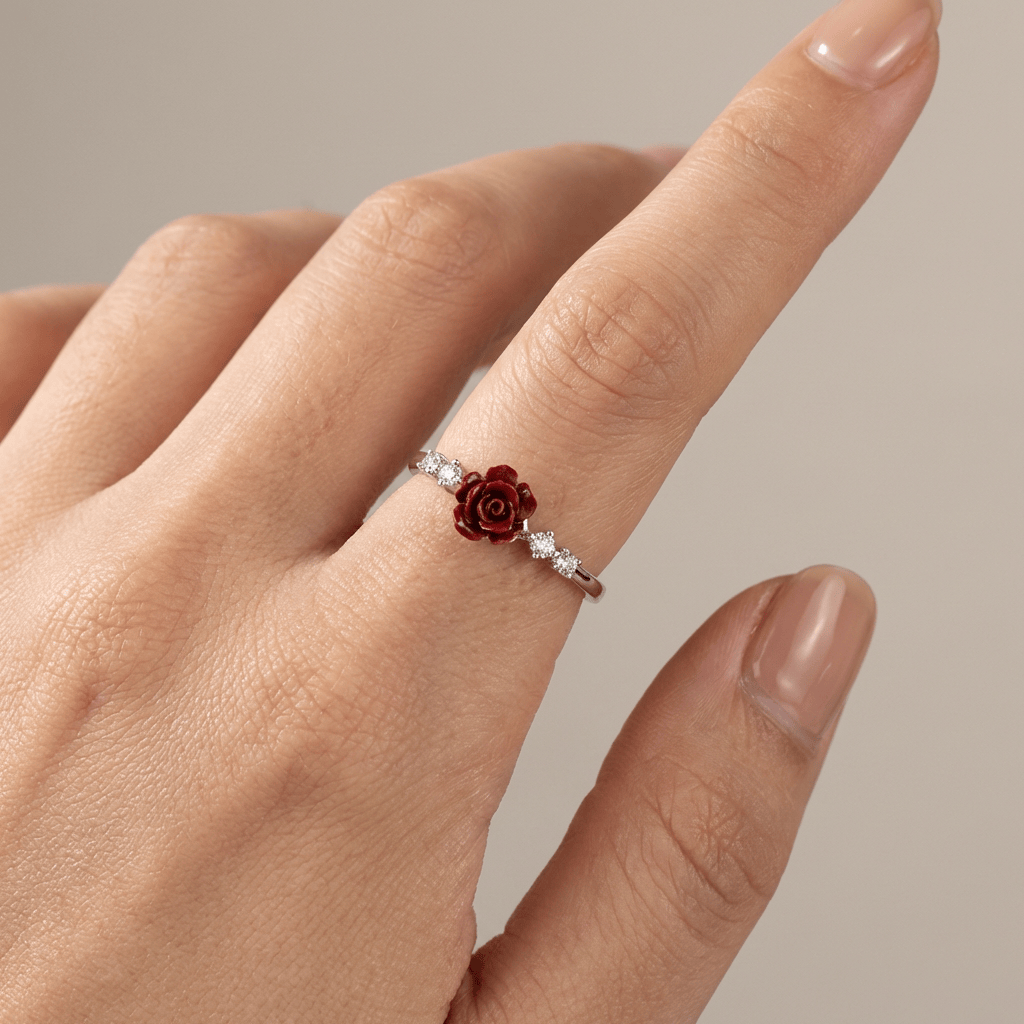 Silver Rose Diamond Ring — (Adjustable)
