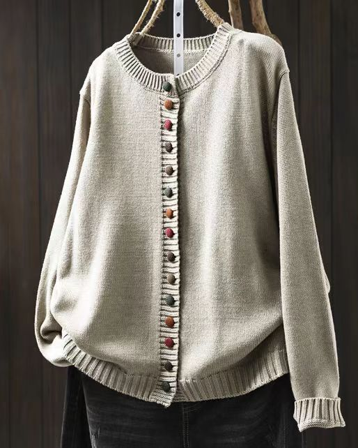 Contrast Button Crew Neck Knit Cardigan for women, view 19