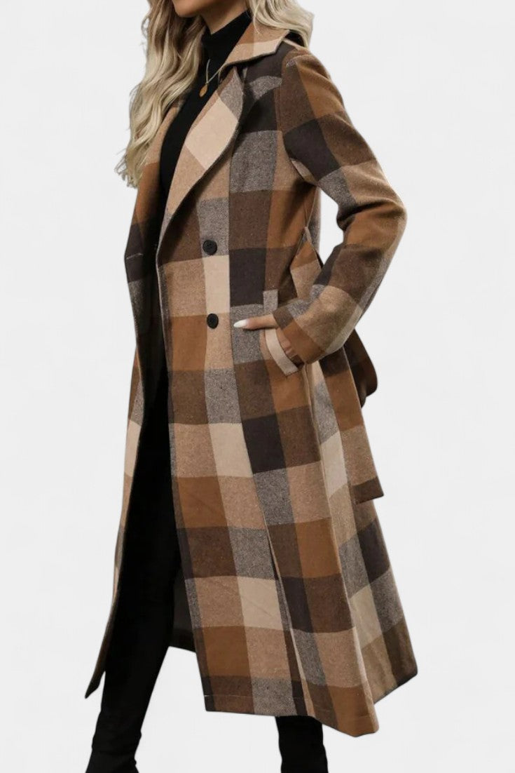 Thea belted checked longline coat