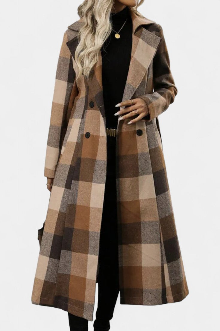 Thea belted checked longline coat