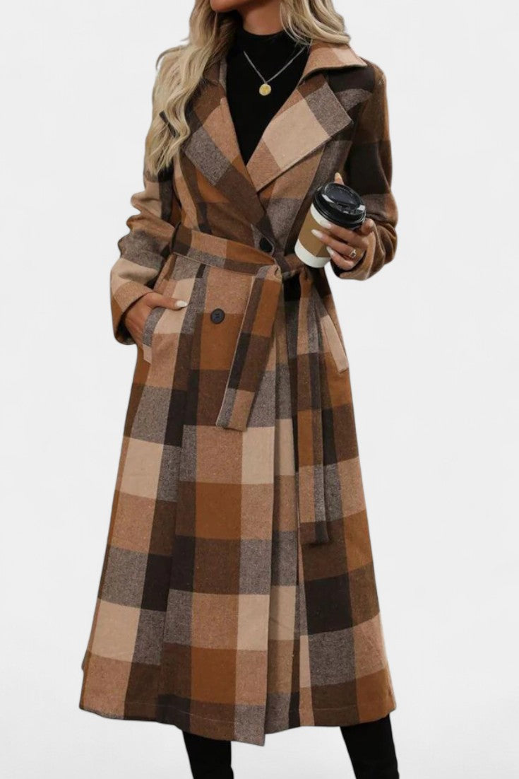 Thea belted checked longline coat