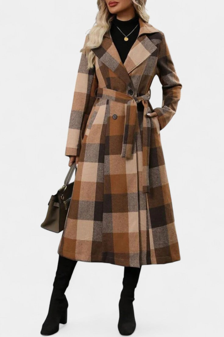 Thea belted checked longline coat