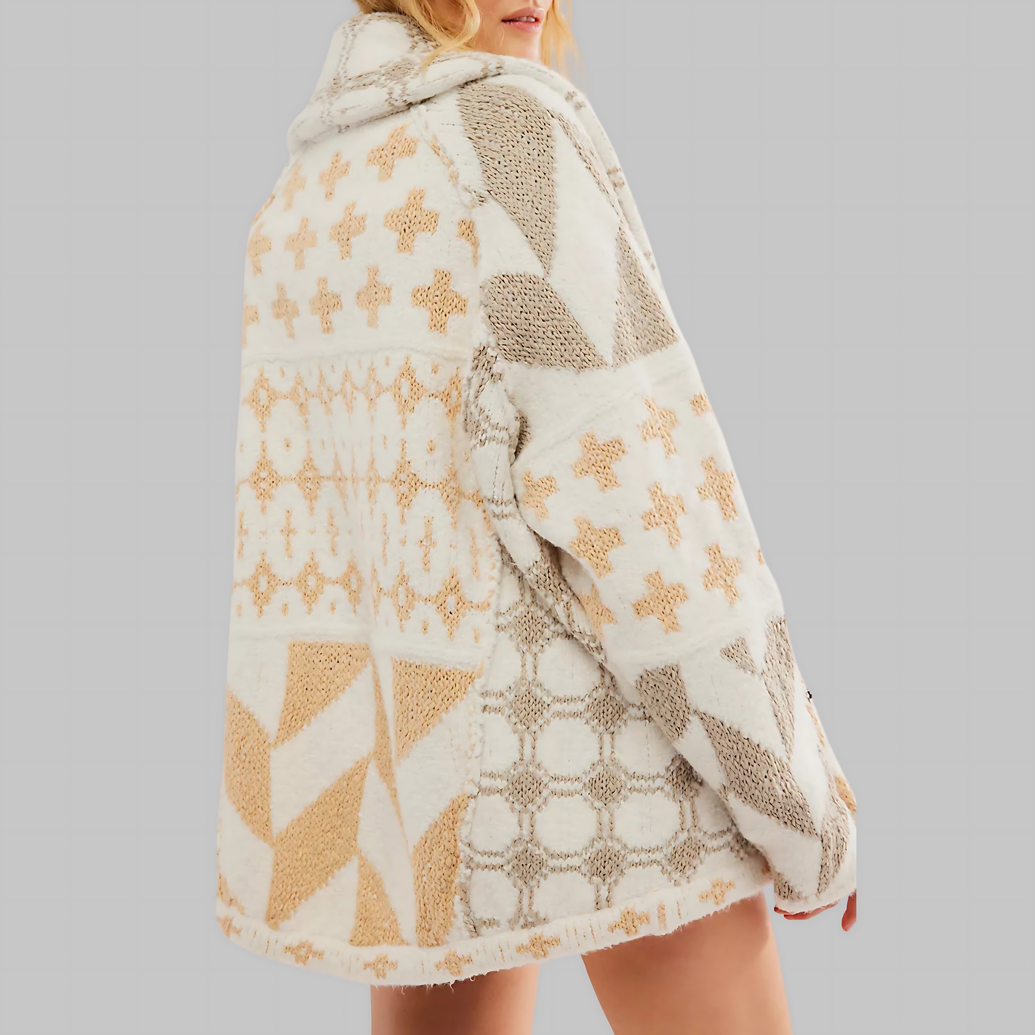 Geometric Print Open Front Knit Cardigan for women
