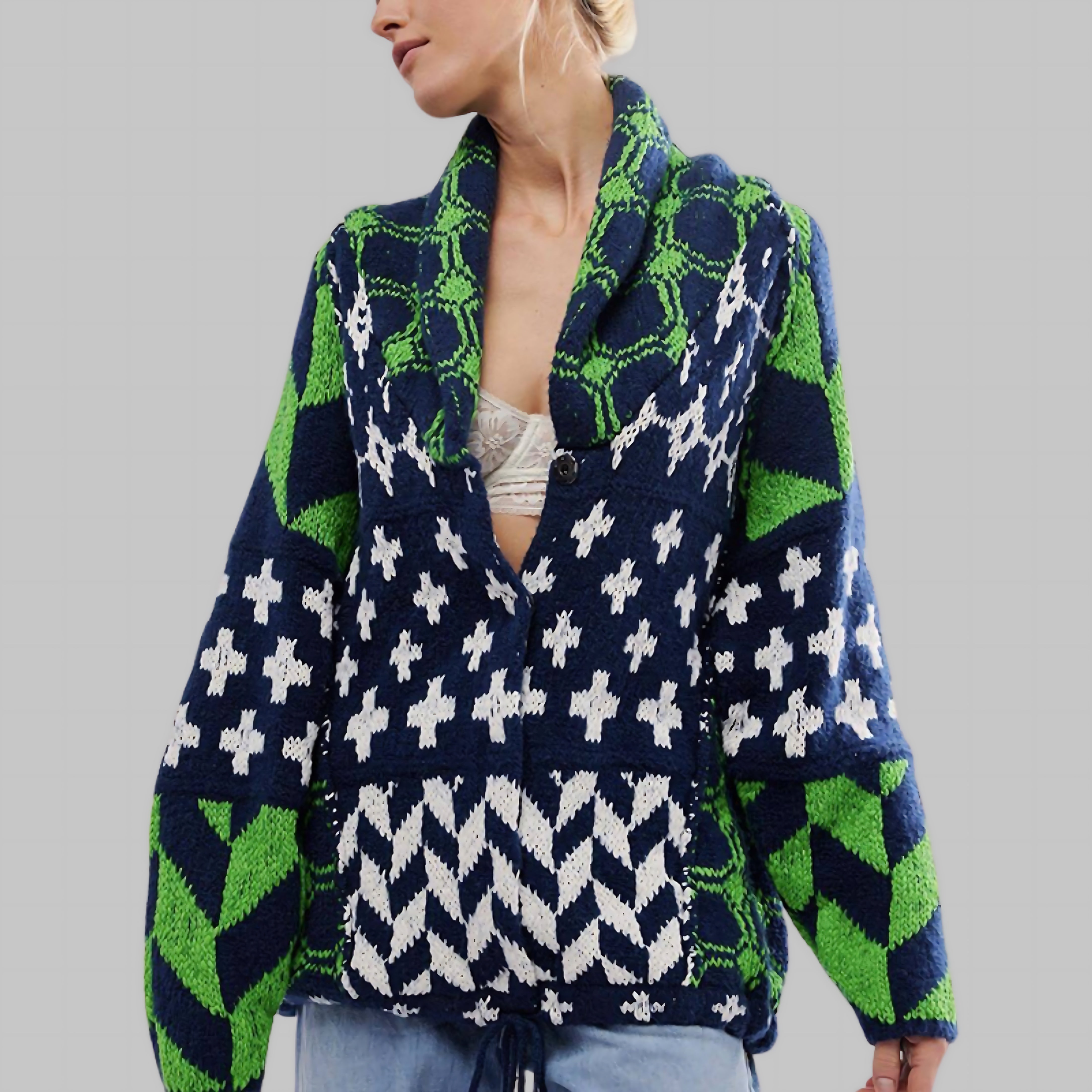 Geometric Print Open Front Knit Cardigan for women, view 7