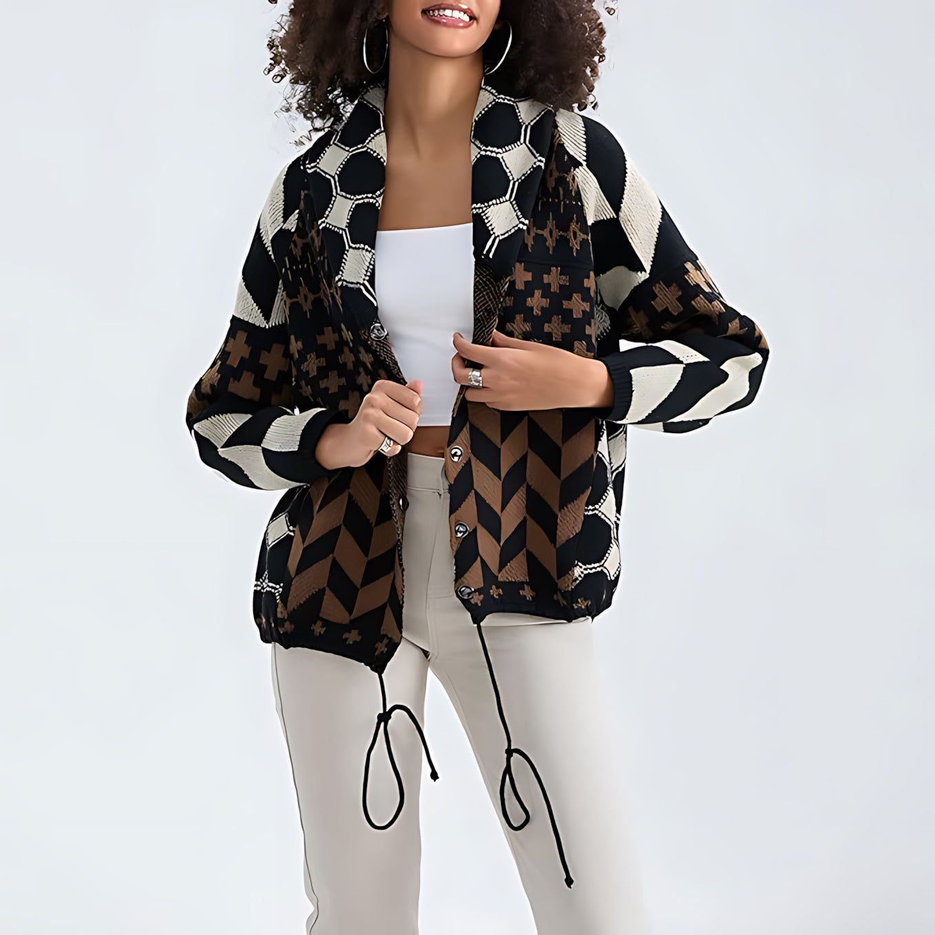 Geometric Print Open Front Knit Cardigan for women, view 9