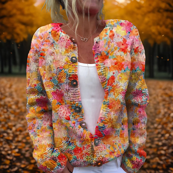 Floral Print Button Up Fuzzy Cardigan for women