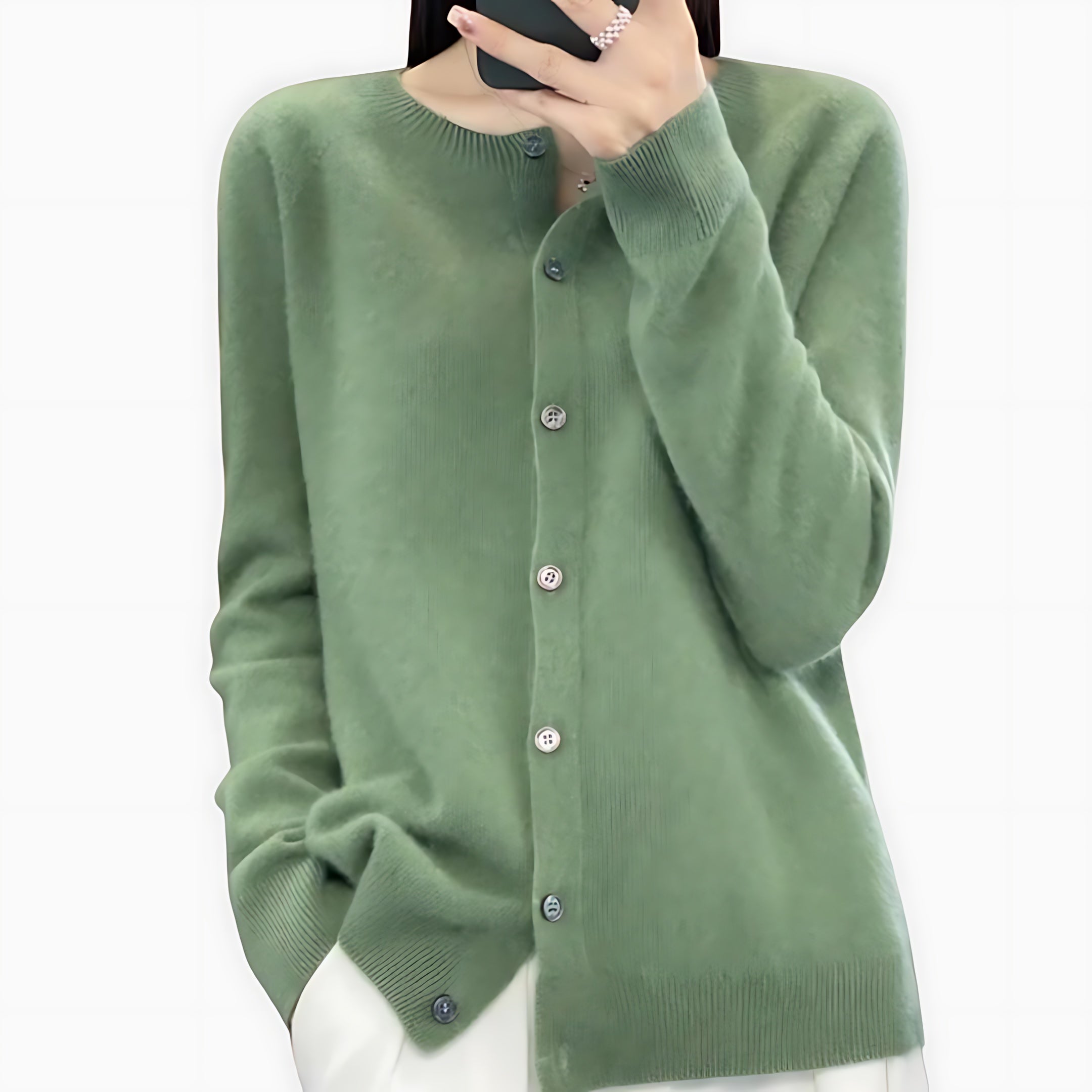 Fuzzy Crew Neck Button Up Cardigan for women