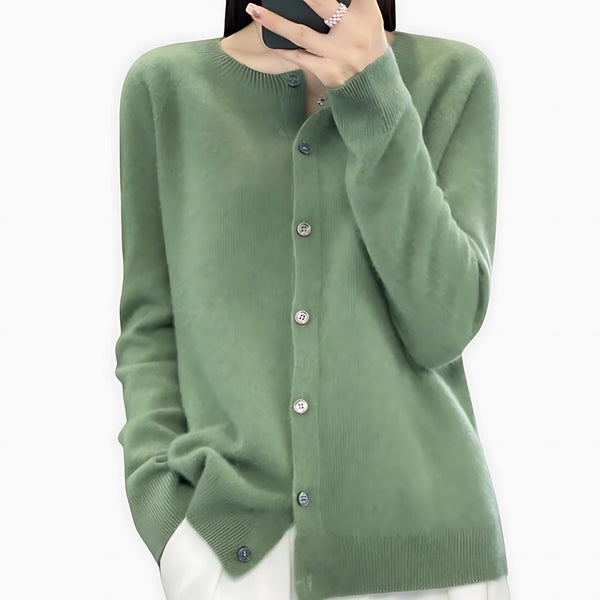 Fuzzy Crew Neck Button Up Cardigan for women
