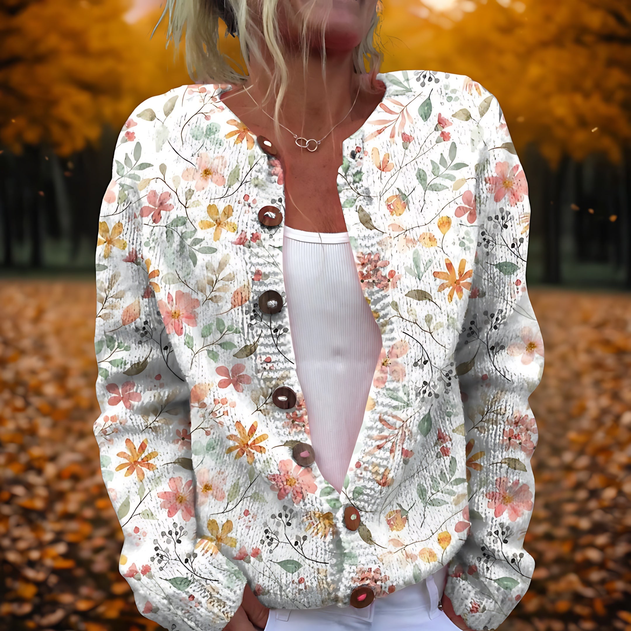 Flower Print Fuzzy Button Up Cardigan for women