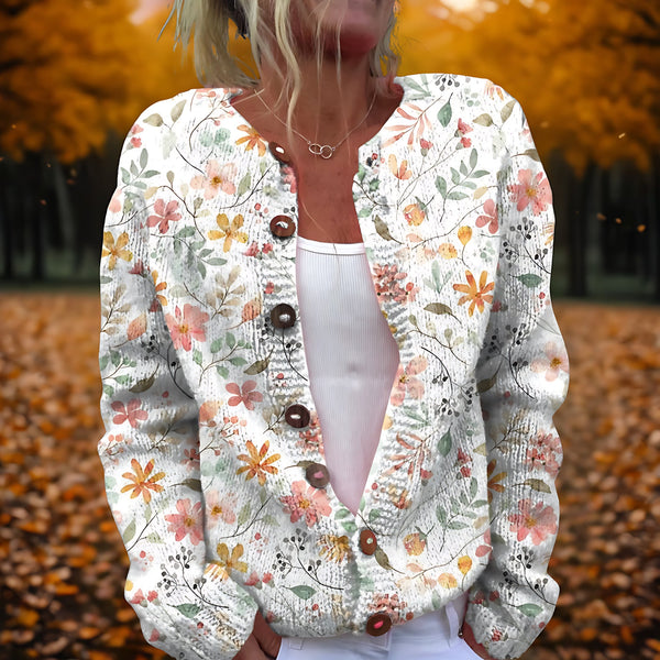 Flower Print Fuzzy Button Up Cardigan for women