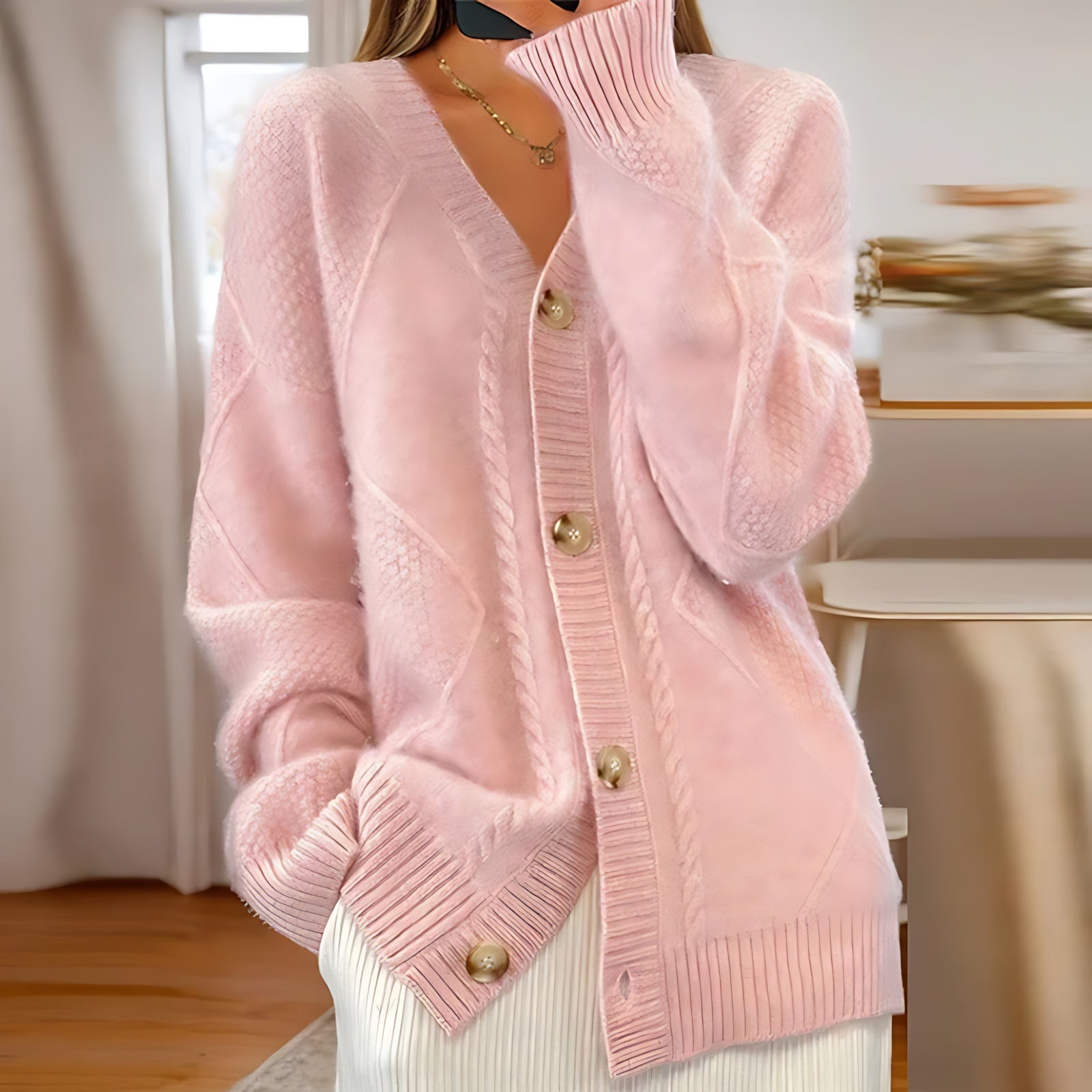 Cable Knit Button Up Cardigan for women, view 2