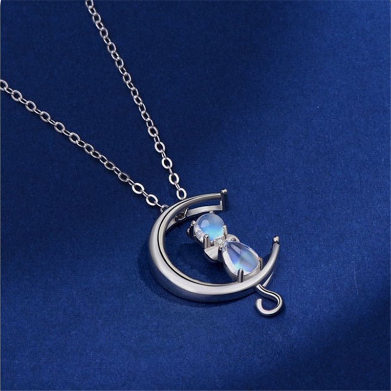 Moonstone Crescent Moon & Cat Necklace