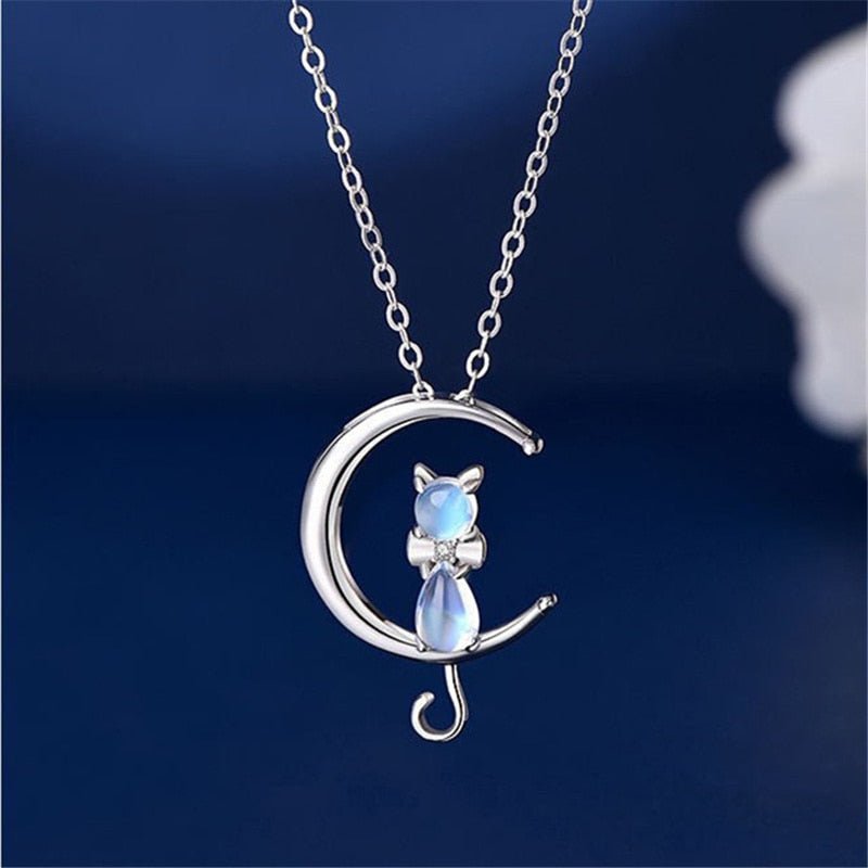 Moonstone Crescent Moon & Cat Necklace
