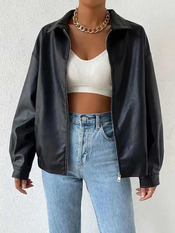 Black Oversized Zip-Front Jacket for women