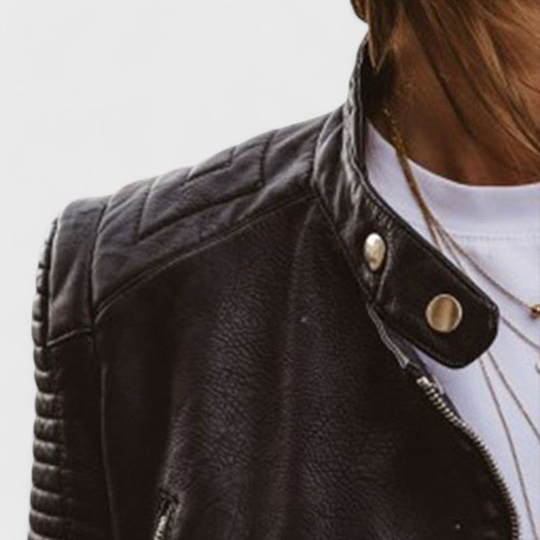 Black Quilted Cropped Biker Jacket for women, view 2