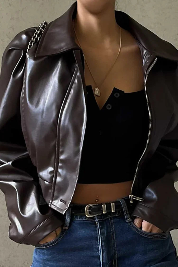 Brown Cropped Moto Jacket for women