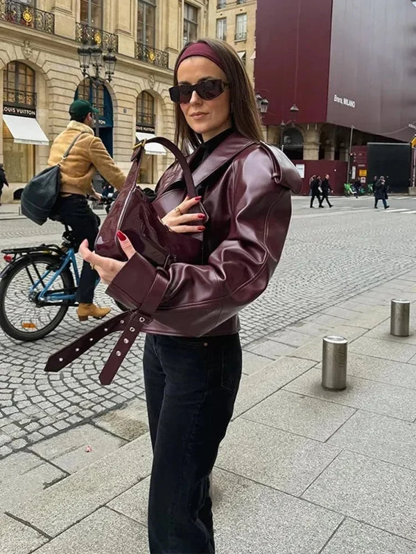 Burgundy Belted Cropped Jacket for women