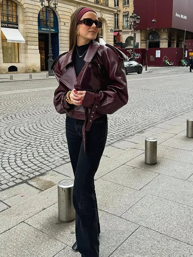 Burgundy Belted Cropped Jacket for women, view 2