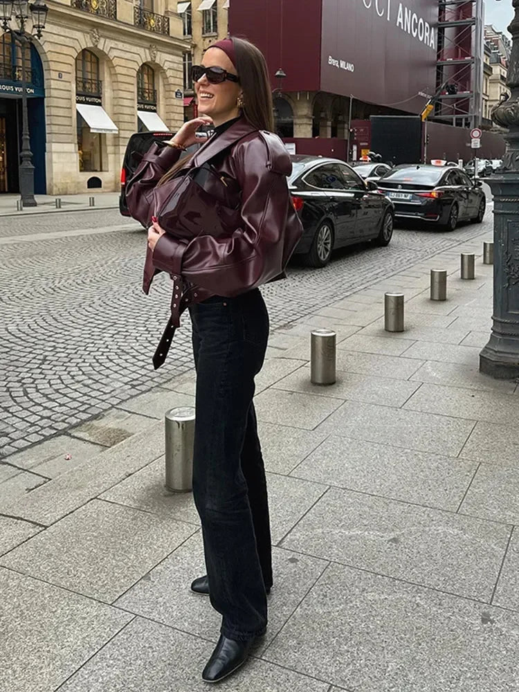 Burgundy Belted Cropped Jacket for women, view 3