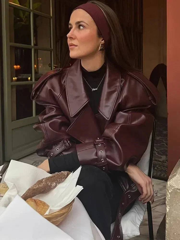 Burgundy Belted Cropped Jacket for women, view 4