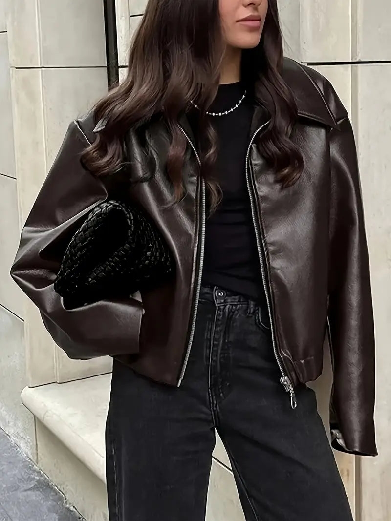 Oversized Cropped Faux Leather Jacket for women