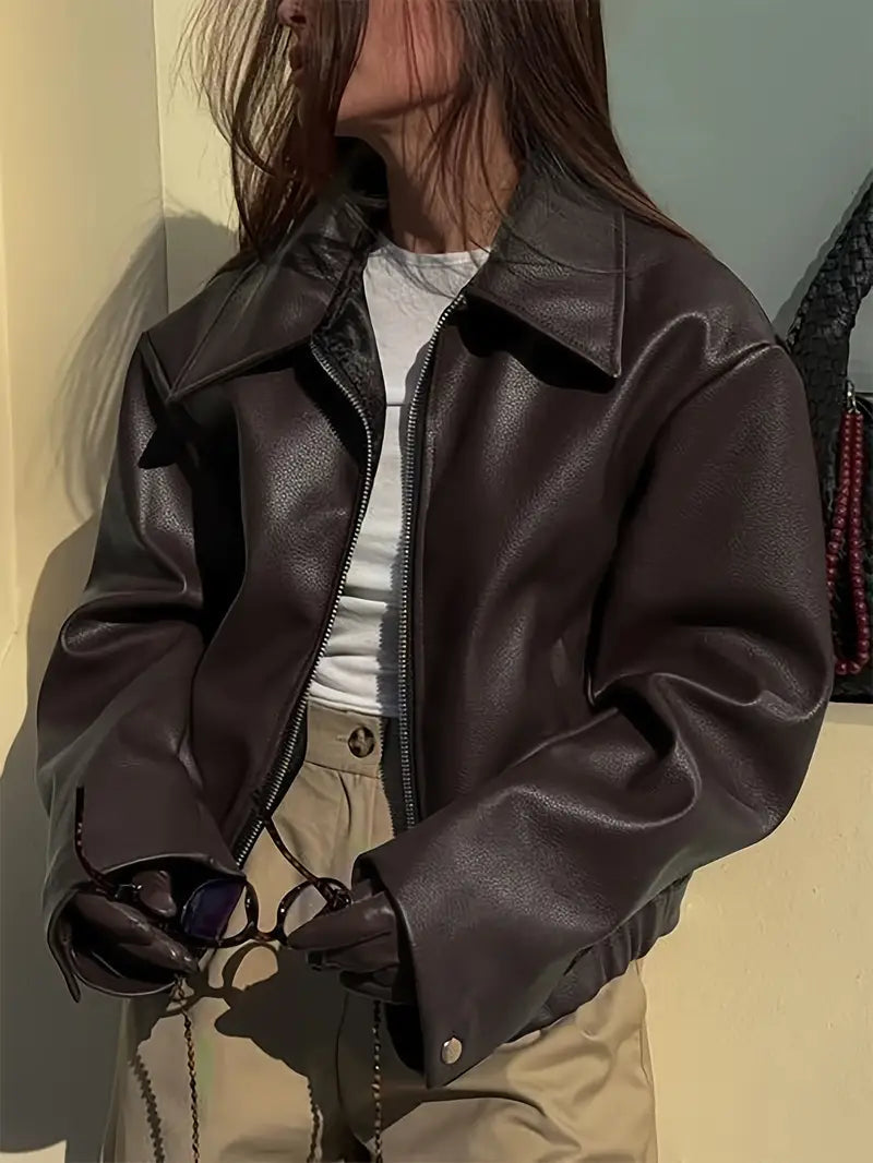 Oversized Cropped Faux Leather Jacket for women