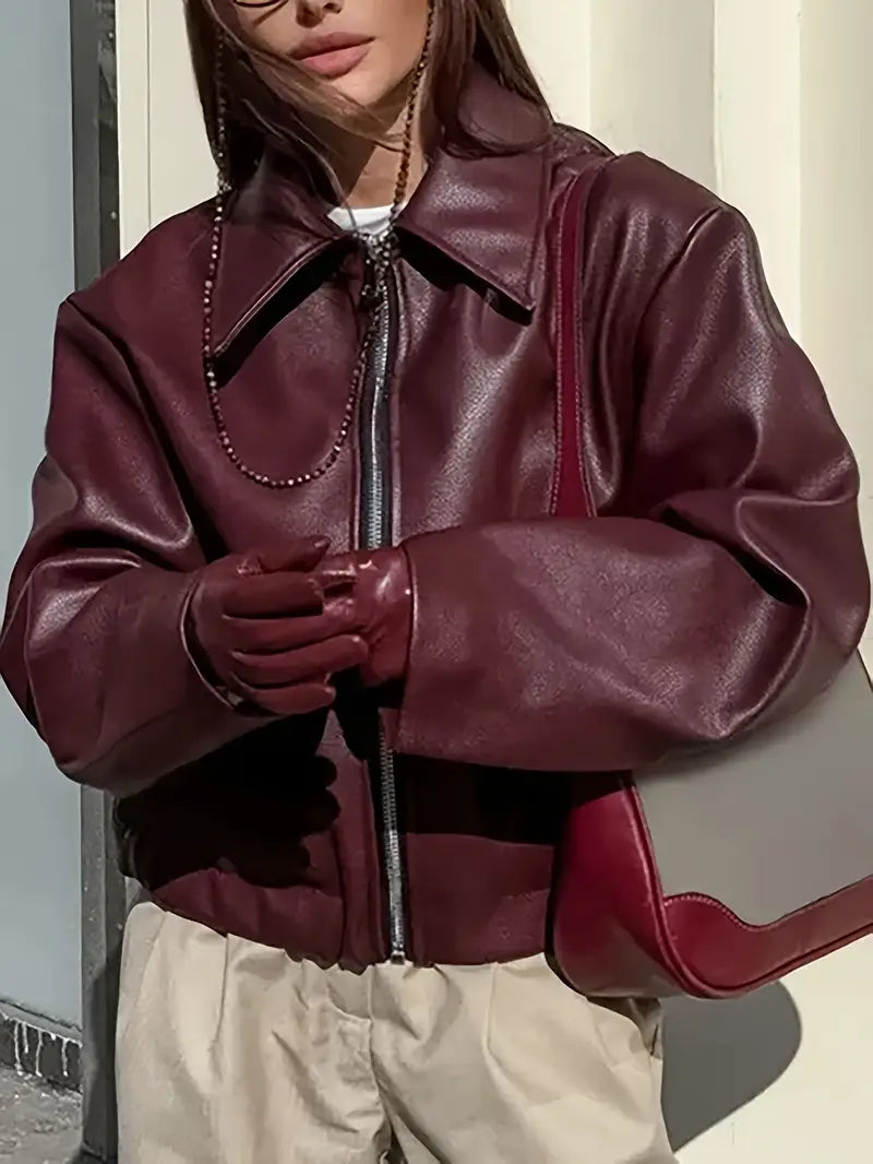 Oversized Cropped Faux Leather Jacket for women