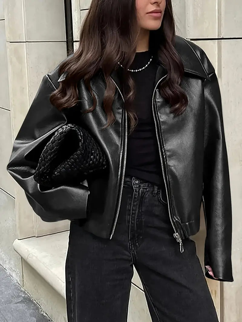 Oversized Cropped Faux Leather Jacket for women