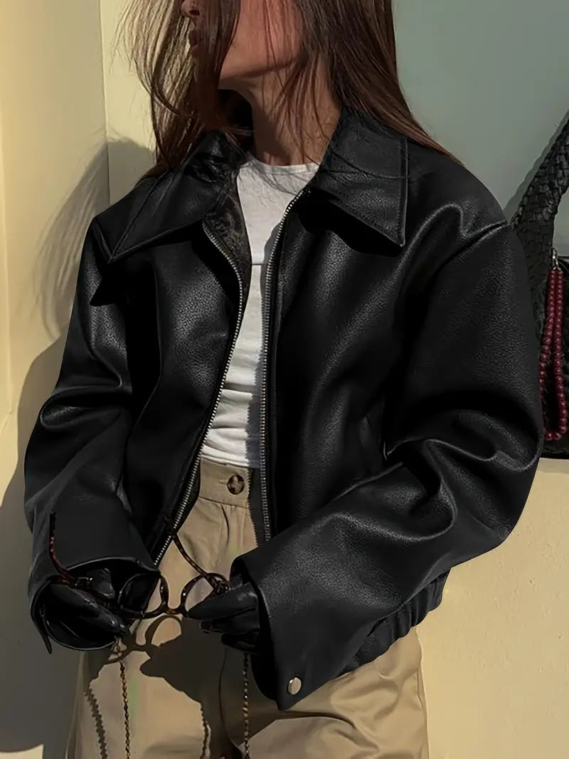 Oversized Cropped Faux Leather Jacket for women