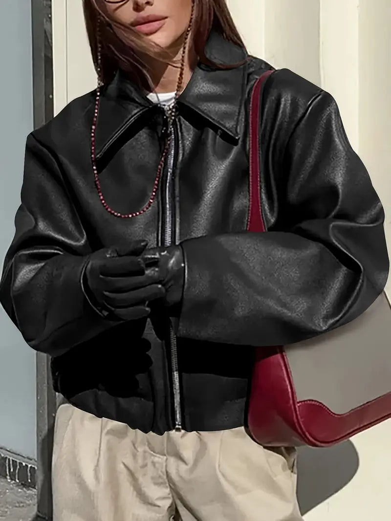 Oversized Cropped Faux Leather Jacket for women