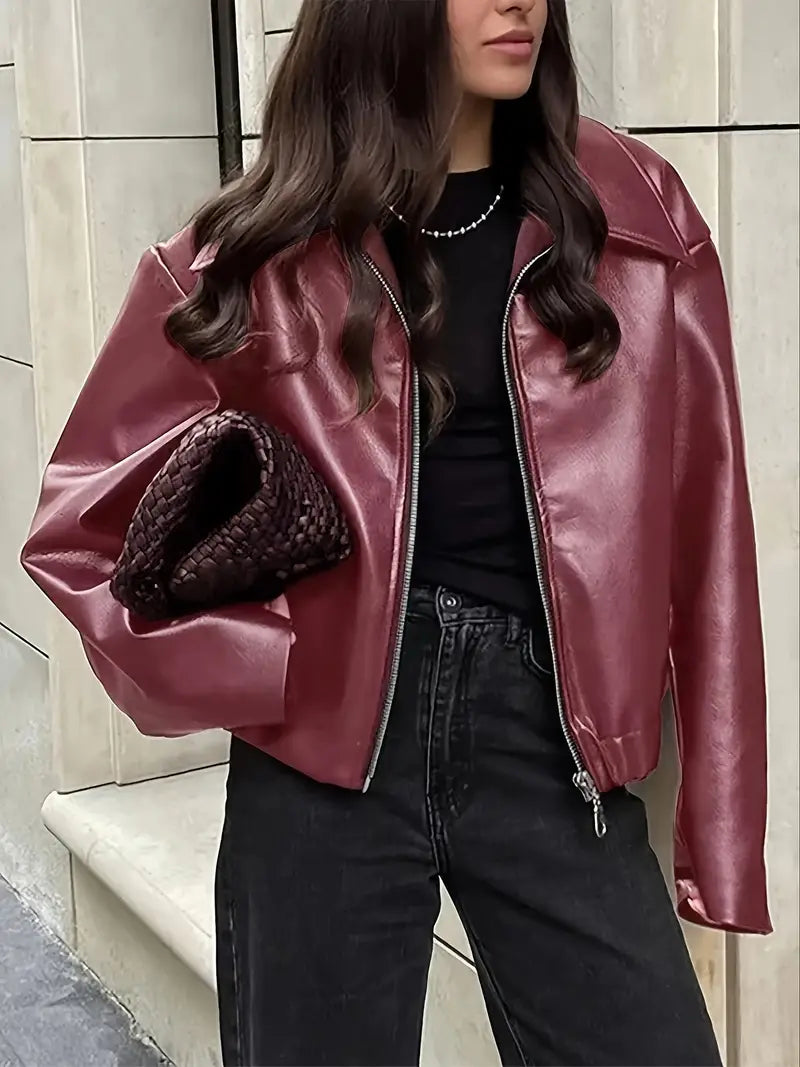 Oversized Cropped Faux Leather Jacket for women