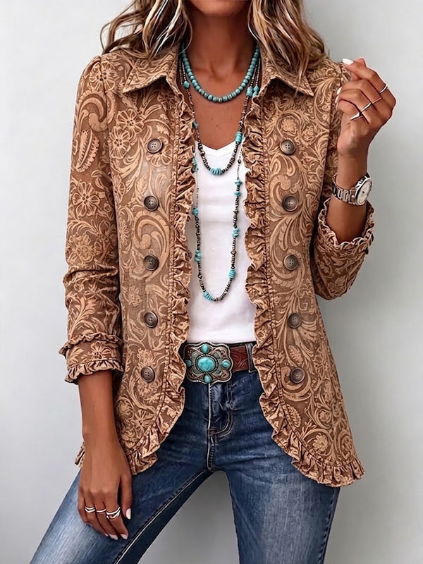 Philippa | Brown Vintage Floral Ruffle Jacket