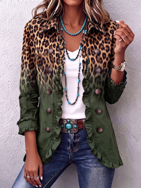 Catherine | Olive Leopard Ruffle Blazer